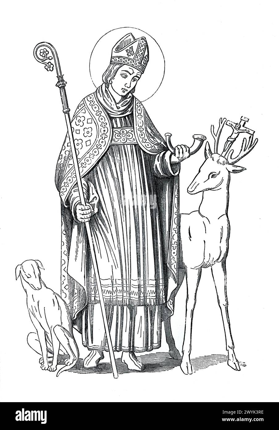 Sant'Uberto o Uberto, vescovo di Liegi: santo cristiano dell'VIII secolo. Incisione da vite dei Santi (parte 1 novembre) del reverendo Sabin Baring-Gould, pubblicato nel 1898 Foto Stock