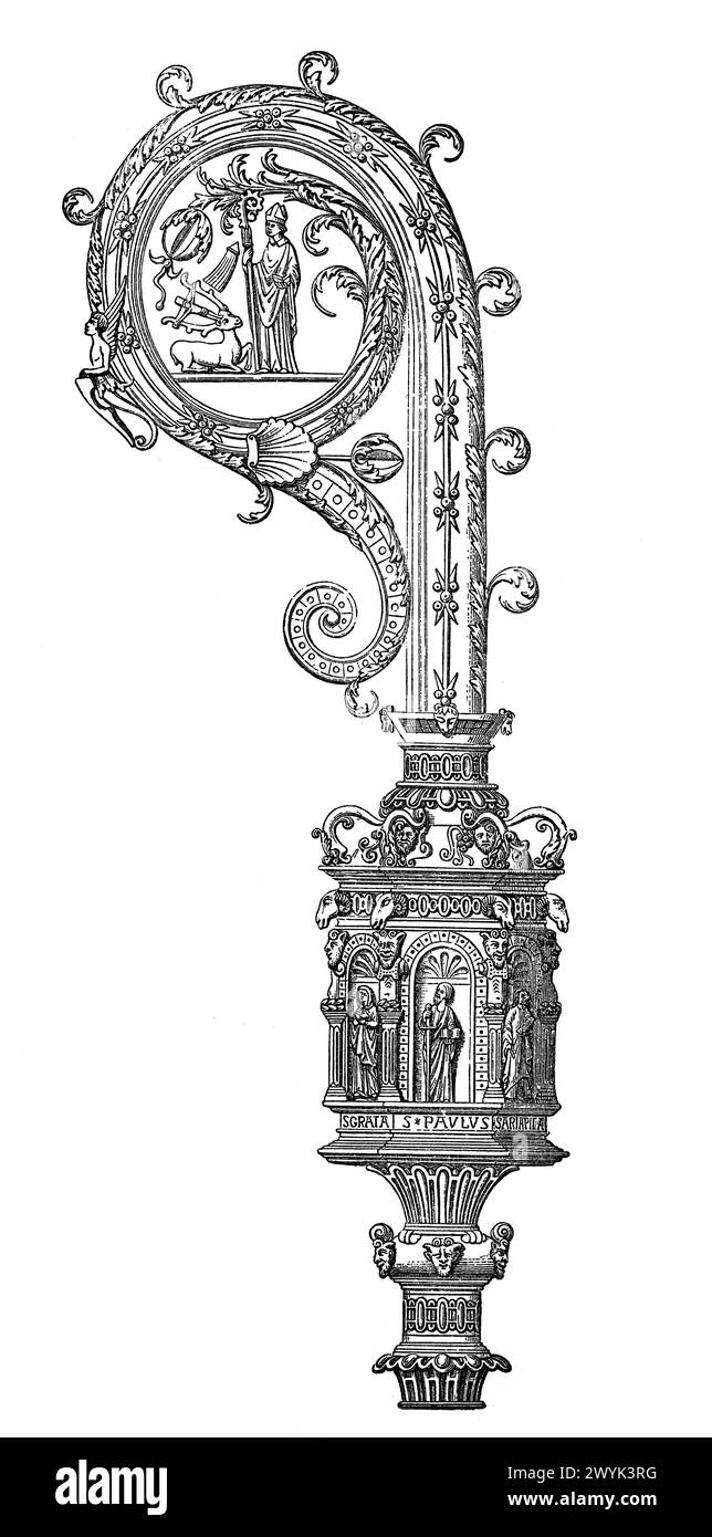 Uno staff pastorale vescovile o crozier, con un'effigie di Sant'Uberto: Incisione da vite dei Santi (parte 1 novembre) del reverendo Sabin Baring-Gould, pubblicato nel 1898 Foto Stock