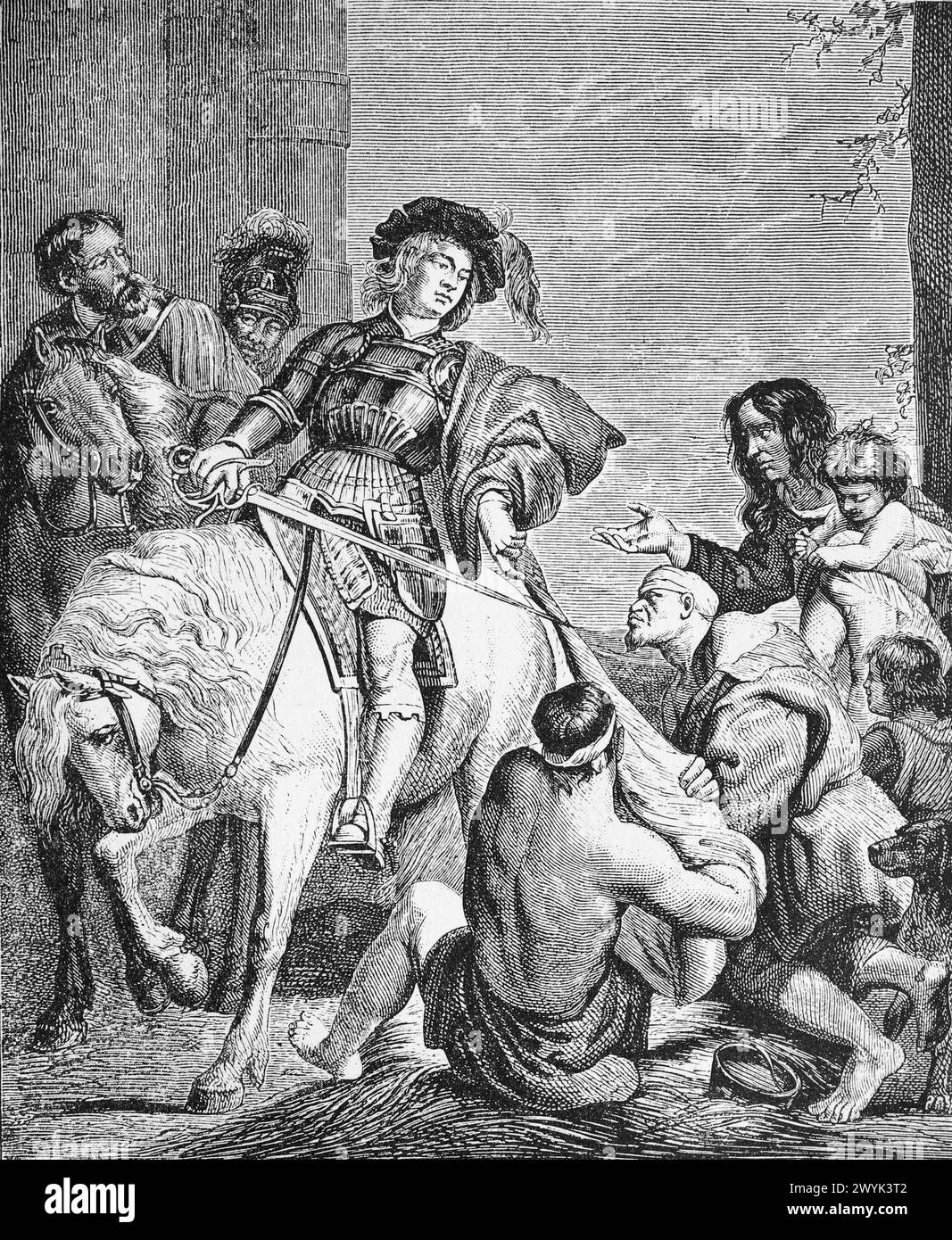 San Martino che divide il suo mantello per vestire il mendicante, dopo un'immagine di Rubens: Engraving from Lives of the Saints (novembre parte 1) del reverendo Sabin Baring-Gould, pubblicato nel 1898 Foto Stock