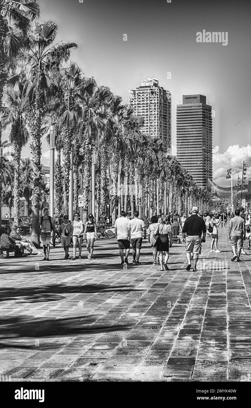 BARCELLONA - 10 AGOSTO: Persone che si godono il sole e camminano sulla passeggiata lungo la spiaggia di Barceloneta, Barcellona, Catalogna, Spagna, il giorno di agosto Foto Stock