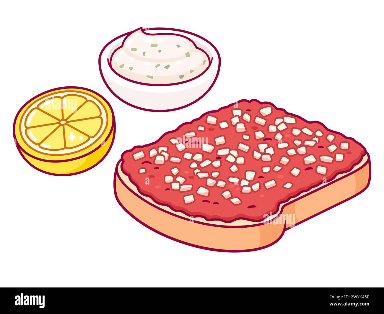 Crudos Valdivianos, tradizionale estrazione di cibo cileno. Fetta di pane con manzo tritato, cipolla, limone e salsa. Semplice illustrazione vettoriale dei cartoni animati. Illustrazione Vettoriale