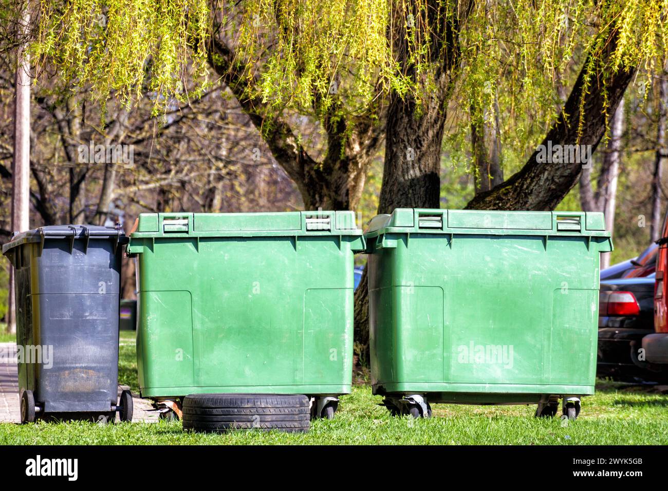 Diverse lattine di spazzatura nel parco Foto Stock