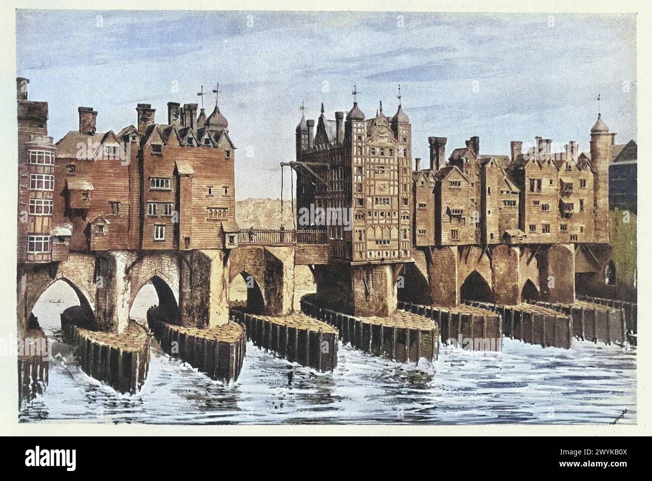 Old London Bridge nel 1630, Nonsuch House e ponte levatoio, XVII secolo, illustrazione d'epoca Foto Stock