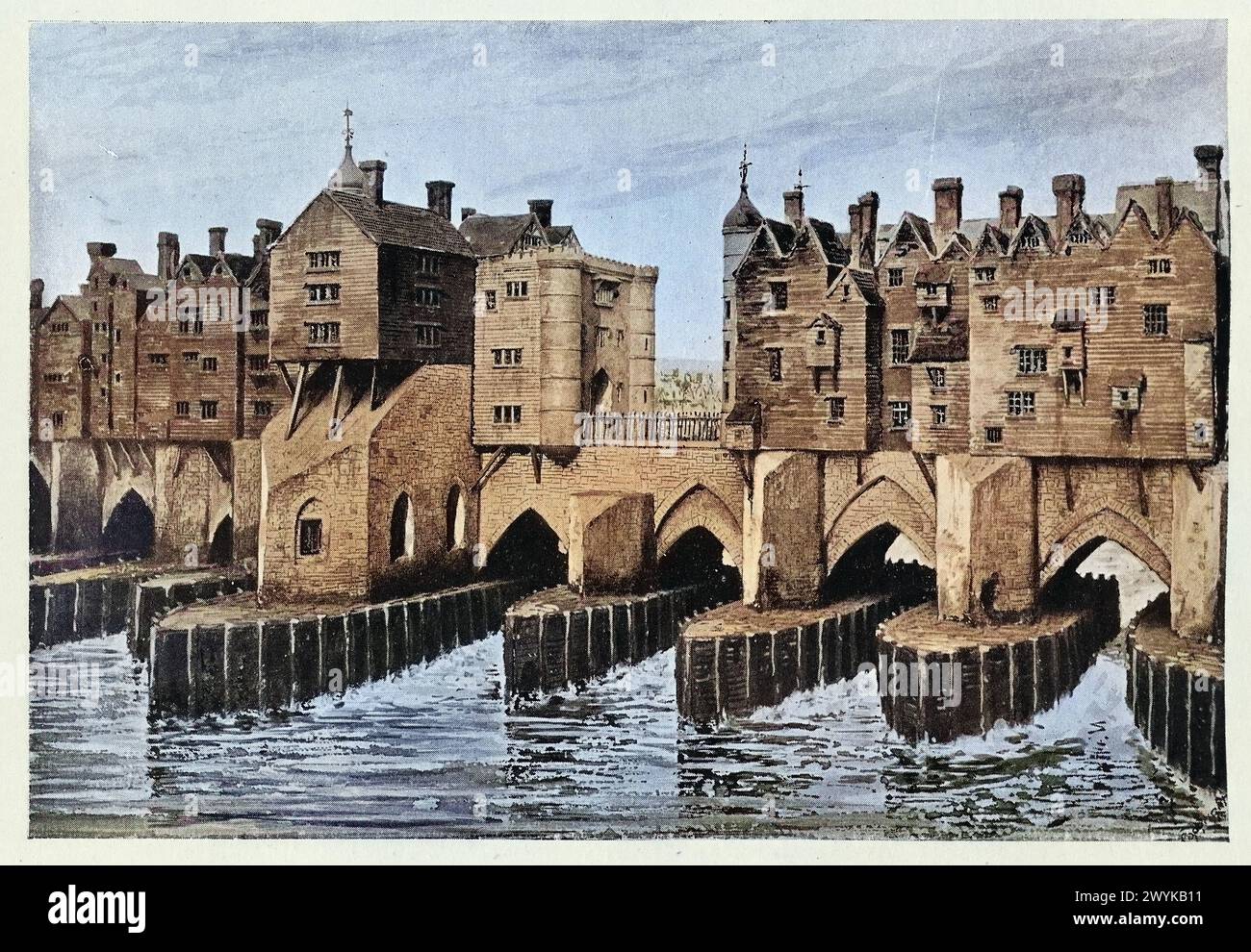Old London Bridge nel 1630, London Square, XVII secolo, illustrazione d'epoca Foto Stock