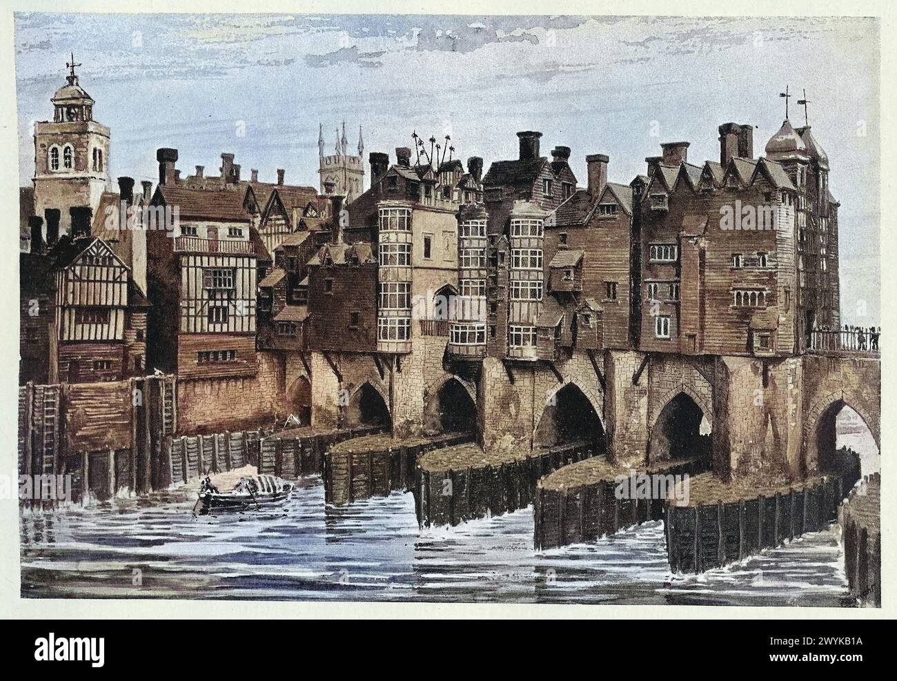 Old London Bridge nel 1630, Southwark End, Heads over Traitor's Gate, 17th Century, Vintage Illustration Foto Stock