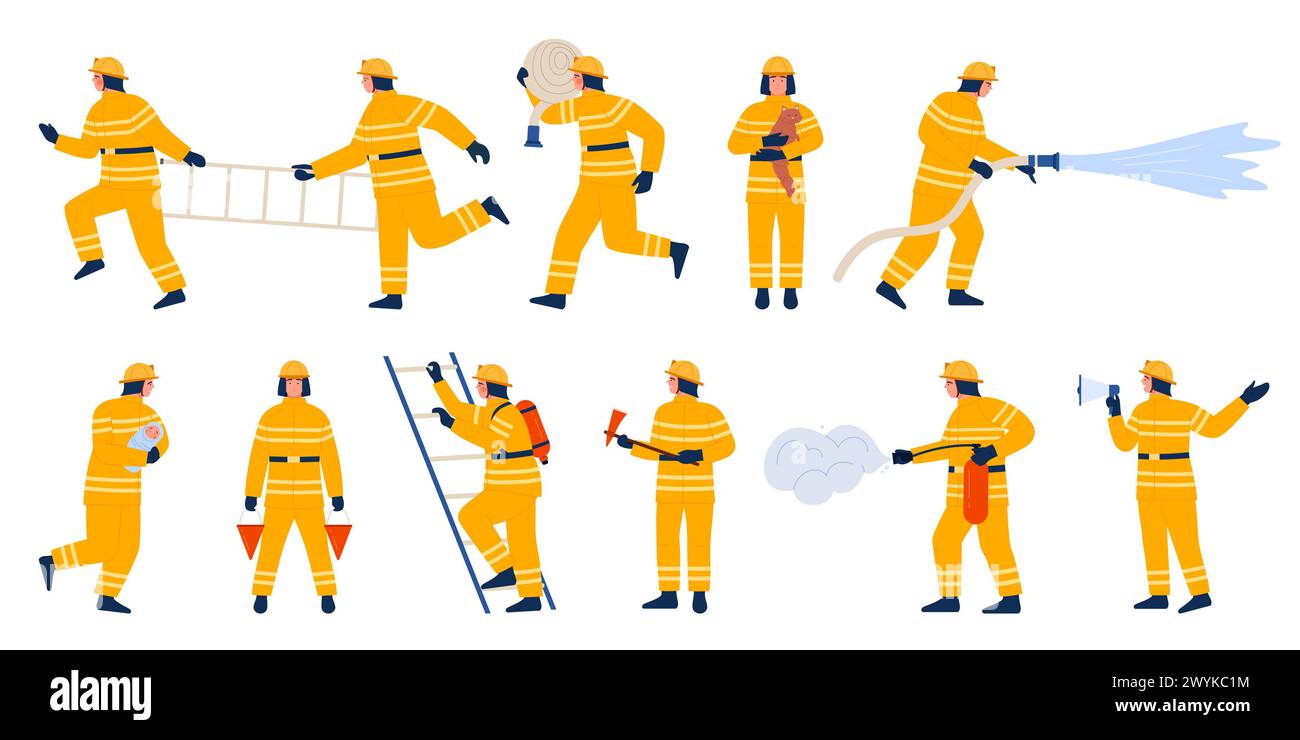 Personaggi dei vigili del fuoco con diverse attrezzature antincendio. Pompiere in uniforme e casco che spruzza acqua dal tubo dell'idrante antincendio, utilizzare estintore e scala grafica vettoriale cartoni animati Illustrazione Vettoriale