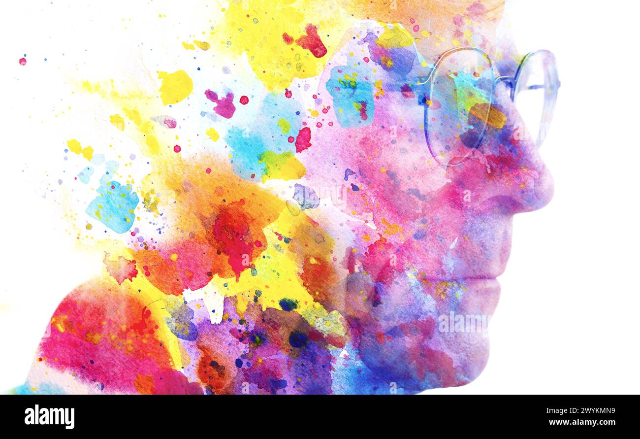 Un colorato profilo di un uomo con gli occhiali Foto Stock