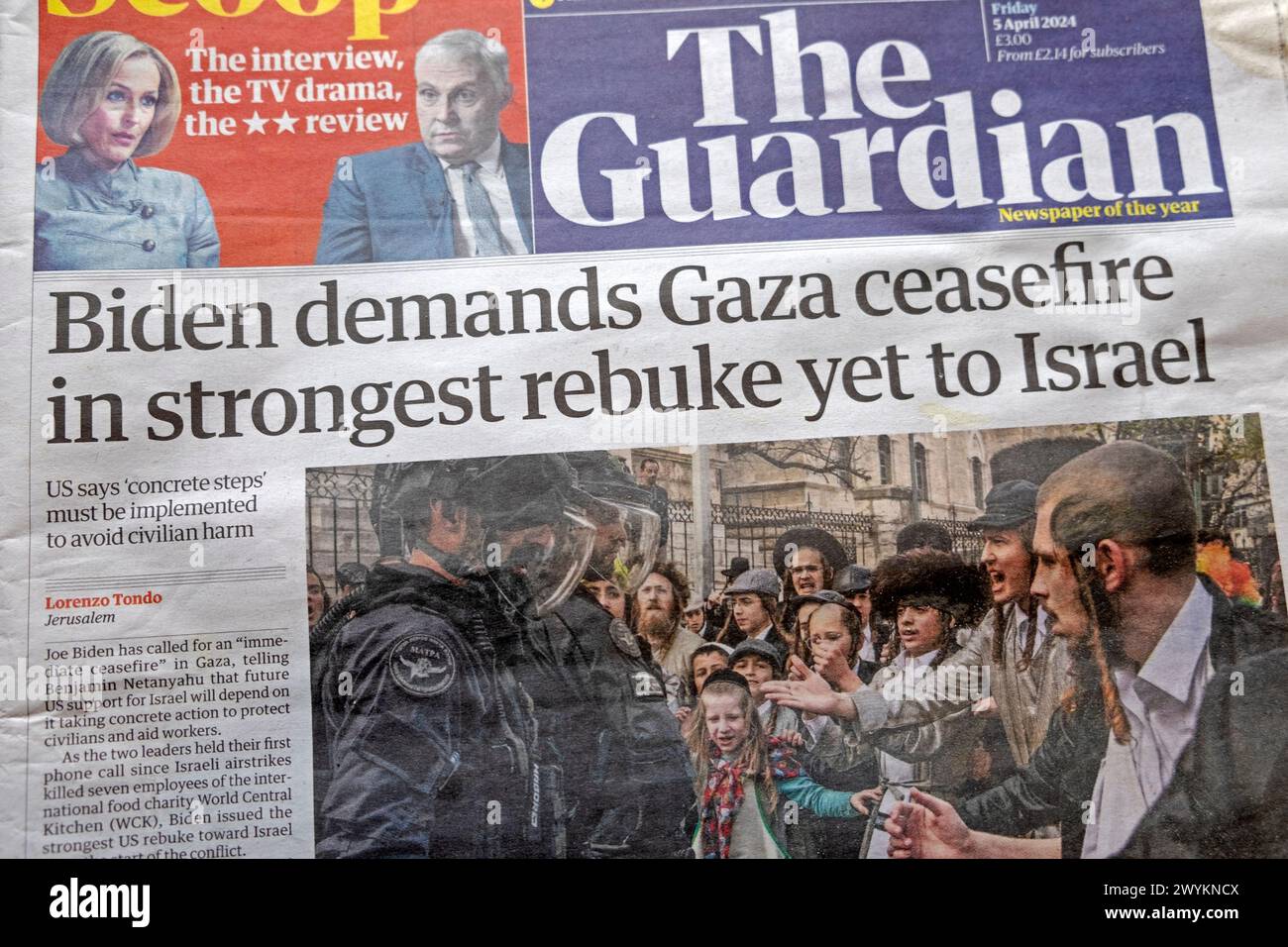 Joe "Biden chiede il cessate il fuoco a Gaza con il più forte rimprovero mai fatto prima d'ora al quotidiano israeliano Guardian titolo della prima pagina Netanyahu articolo 5 aprile 2024 Londra Regno Unito Foto Stock