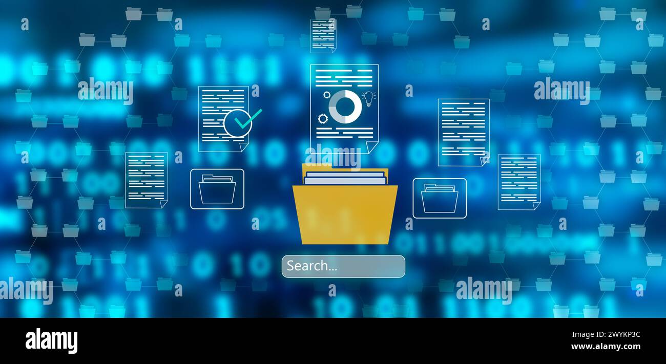 concetto, ricerca e organizzazione dei documenti. database di documentazione online e software o sistema di archiviazione di file digitali, conservazione dei dati, tec di database Foto Stock