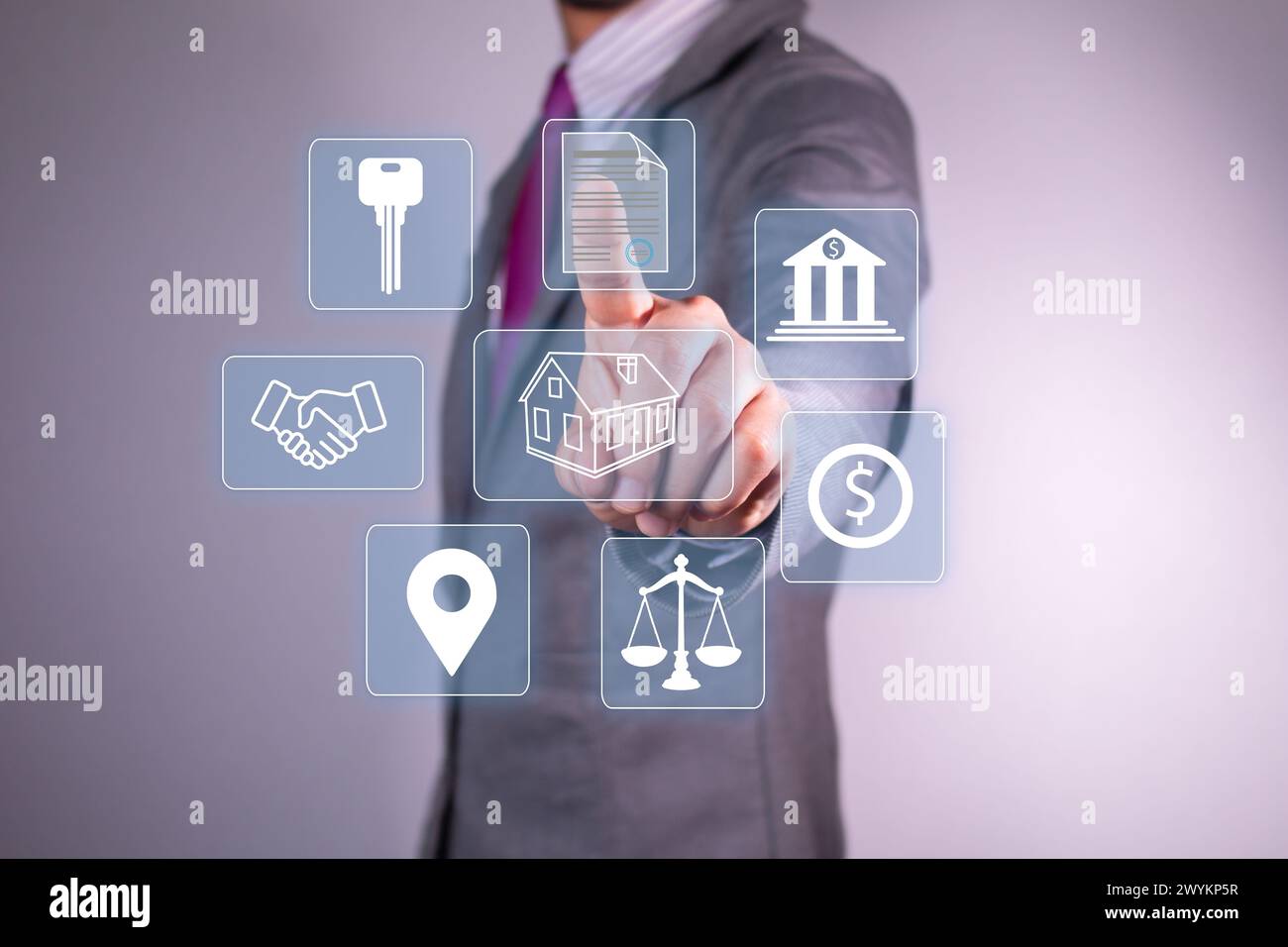 venditore immobiliare. Concetto di acquisto di mutui e immobili. Icone finanziarie Foto Stock