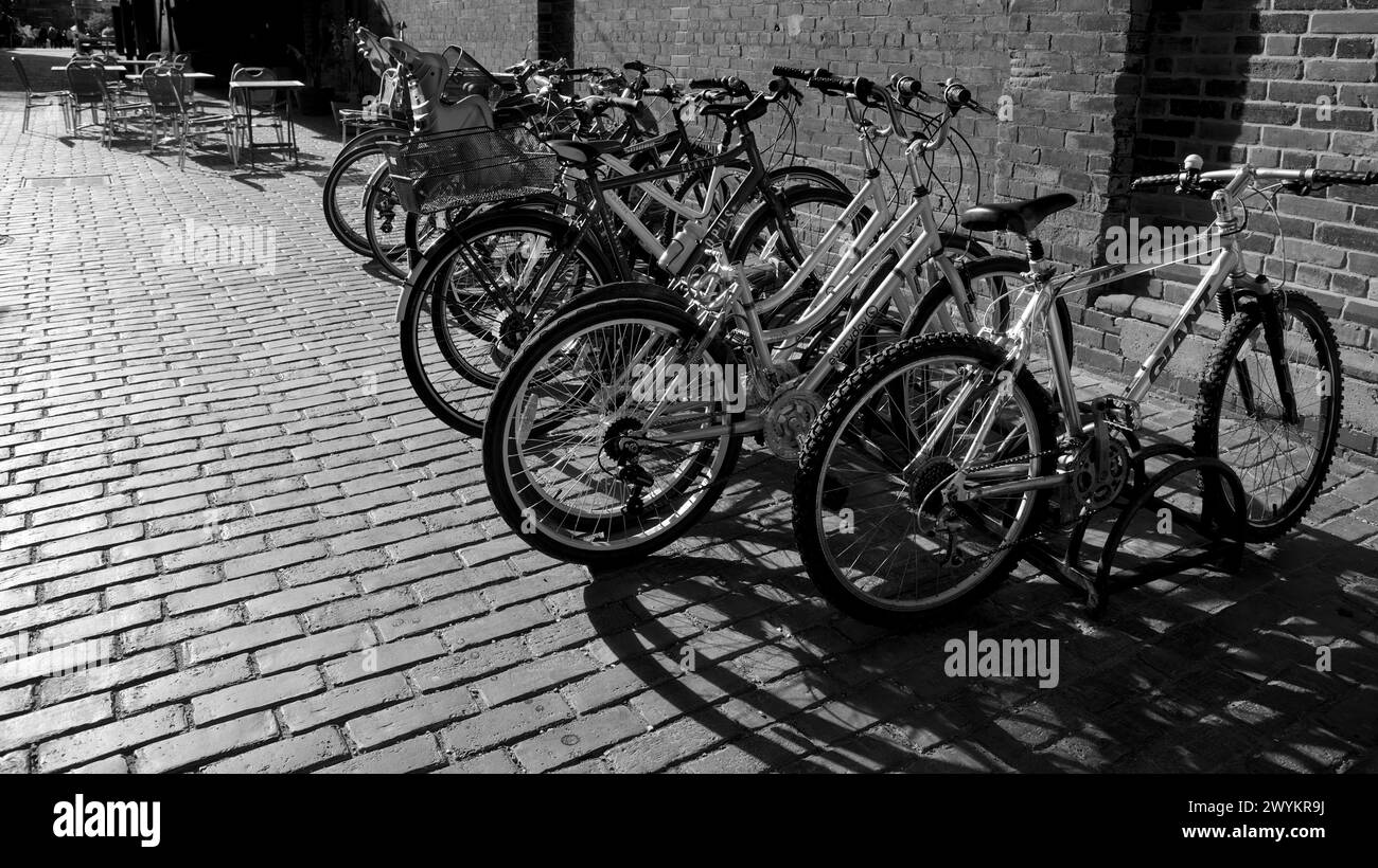 Luce e ombra del parcheggio per biciclette nella città vecchia Foto Stock