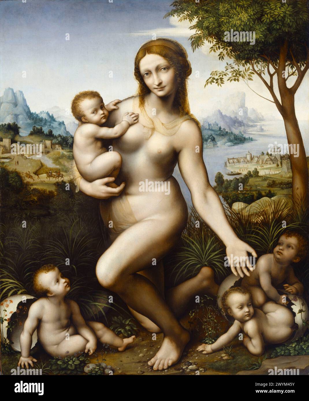 Leda con i loro figli attribuita a Giampietrino / precedentemente attribuita a Leonardo da Vinci Foto Stock