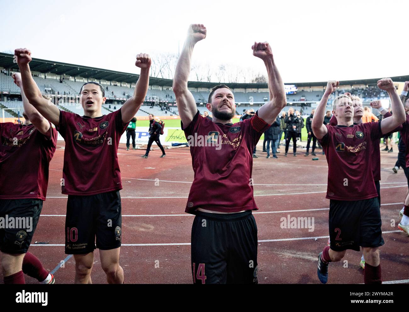 L'FC Midtjylland celebra la vittoria nel 3F Superliga match tra AGF e FC Midtjylland al Ceres Park di Aarhus, domenica 7 marzo 2024. (Foto: Henning Bagger/Ritzau Scanpix) Foto Stock