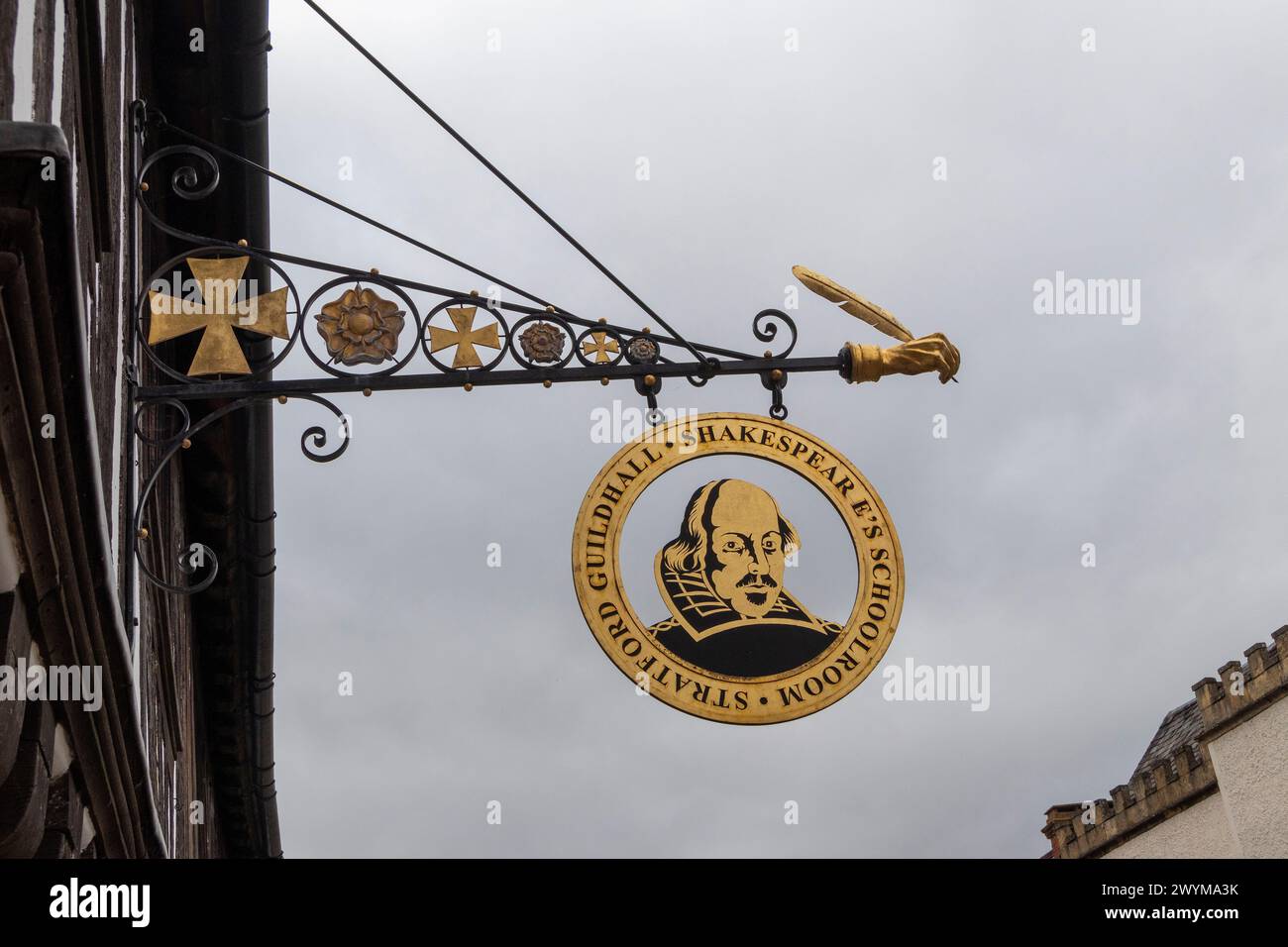 Cartello, scuola di William Shakespeare e guildhall, Stratford Upon Avon, Inghilterra, Gran Bretagna Foto Stock