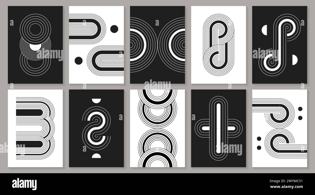 Set di poster arco Zen. in stile bohémien minimale alla moda. Forme geometriche lineari boho moderne, linee e figure semplici. Elementi contemporanei di arte murale astratta dal design minimalista vettoriale e strisce estetiche. Illustrazione Vettoriale
