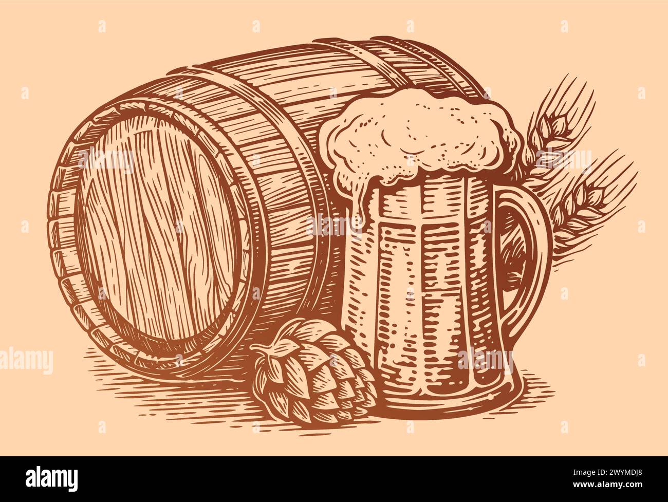 Tazza di birra trafilata a mano e botte di legno. Illustrazione vettoriale dello schizzo vintage Illustrazione Vettoriale