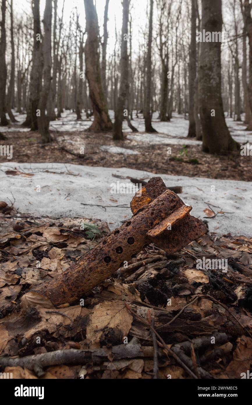 Ordigni inesplosi UXO - stabilizzatore di coda da una bomba mortaio sovietica della seconda guerra mondiale Si trova nelle foreste dei Carpazi orientali in Polonia Foto Stock