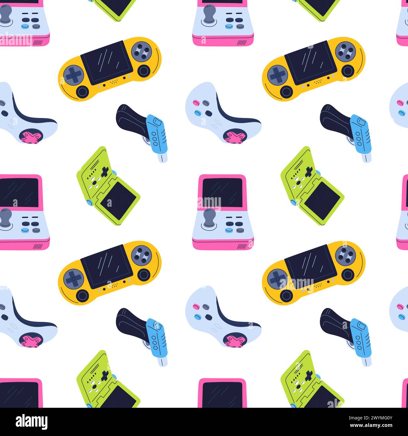 Sequenza perfetta per i videogame. Joystick moderni e retrò. I giocatori di Cybersport stampano. Controller di gioco. Gamepad Arcade. Gadget elettronici. Giocare Illustrazione Vettoriale