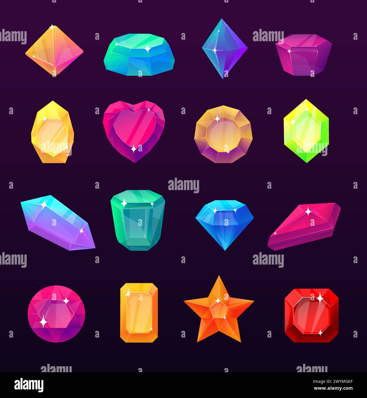 Gemme dei cartoni animati. Pietre di cristallo colorate. Elementi di gioco dell'interfaccia utente. Diamanti scintillanti. Rubini e smeraldi del tesoro. Minerali di gioielli. Strass sfaccettati Illustrazione Vettoriale