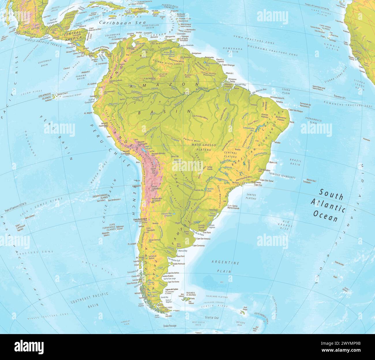 Mappa fisica dettagliata del Sud America Illustrazione Vettoriale