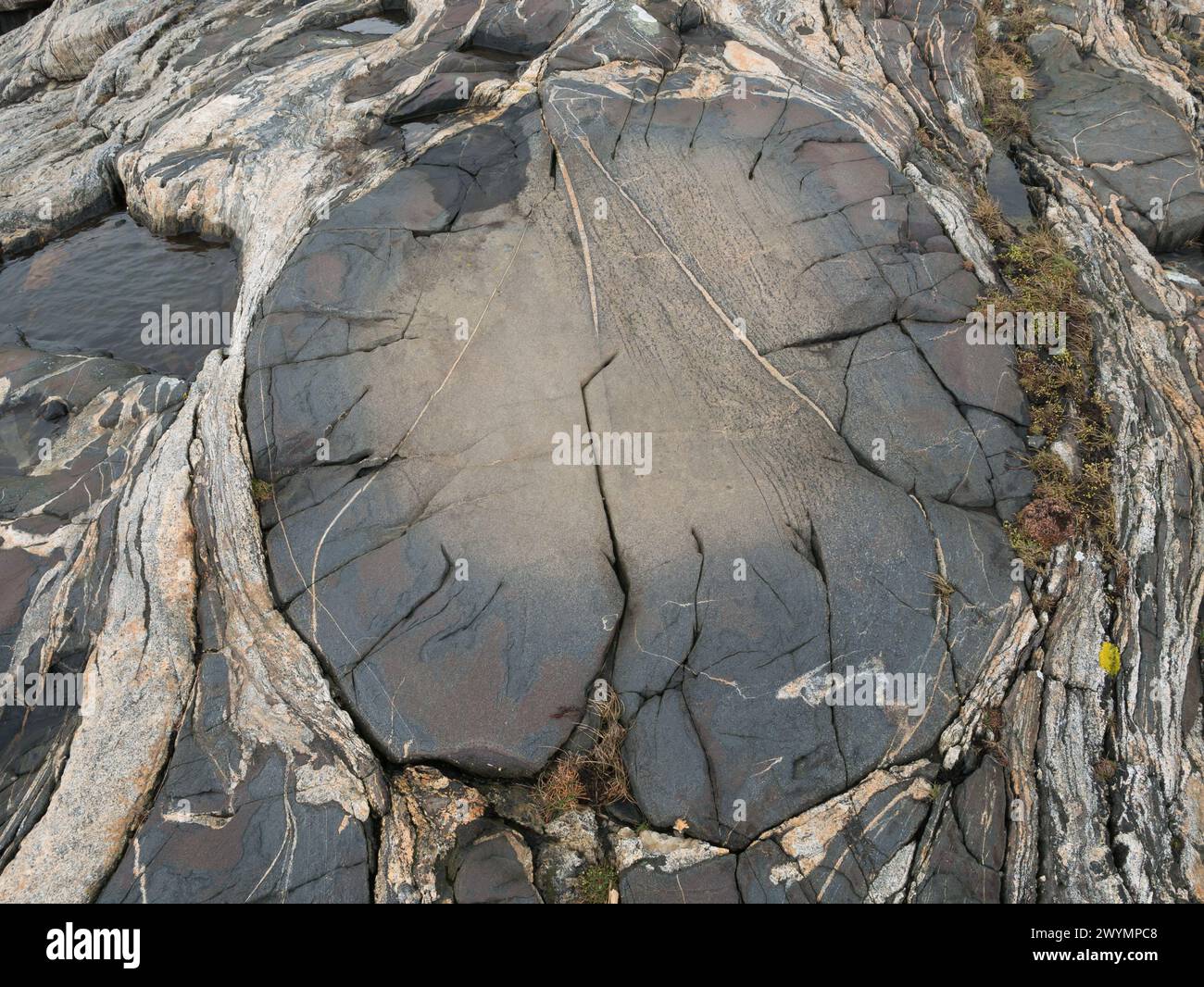 Formazione rocciosa all'interno del granito trovato nella riserva naturale di Ersdalen, sull'isola di Hönö, arcipelago di Gothenburg, Svezia. Foto Stock