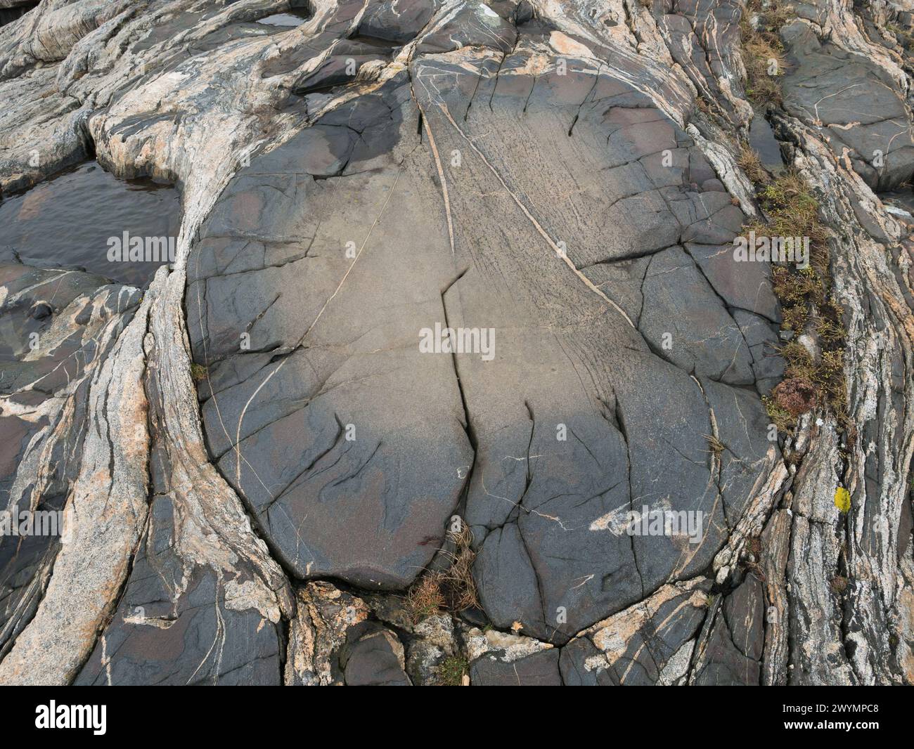 Formazione rocciosa circolare all'interno del granito trovato nella riserva naturale di Ersdalen, sull'isola di Hönö, arcipelago di Gothenburg, Svezia. Foto Stock