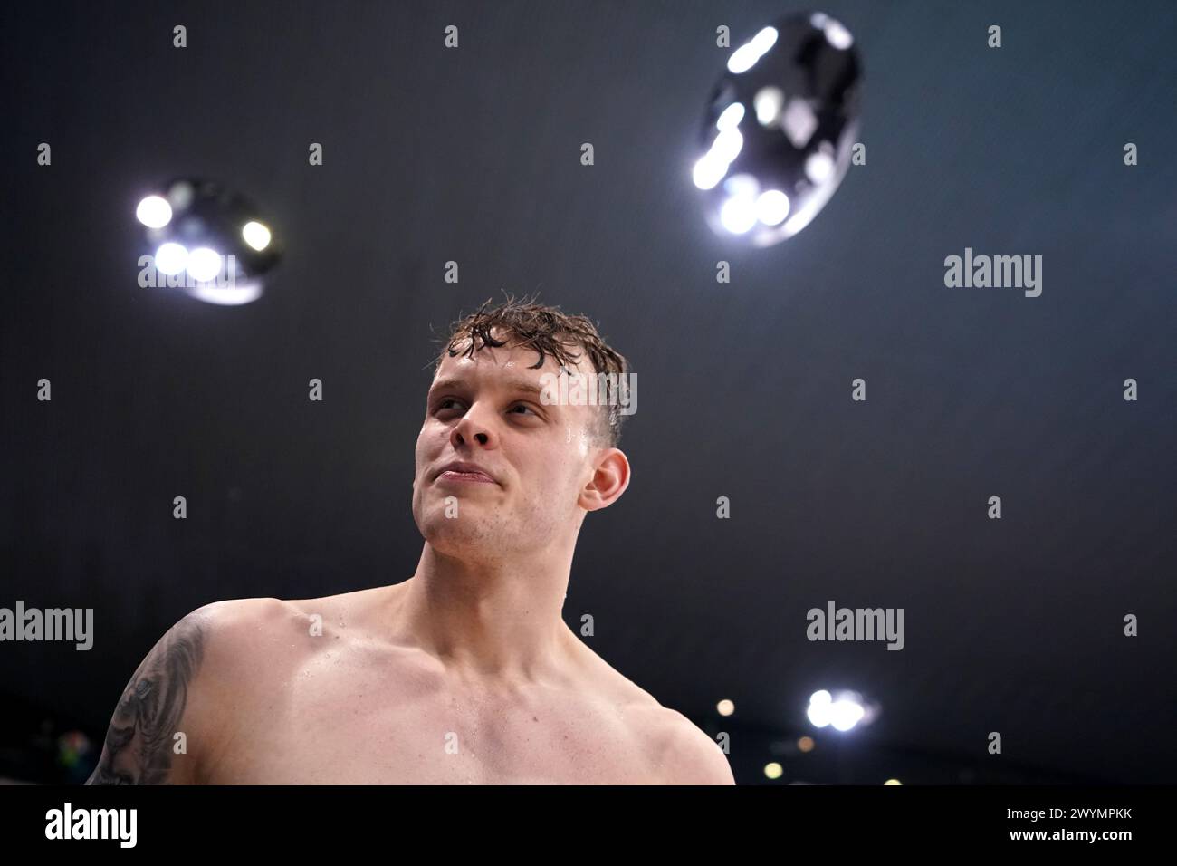 Matthew Richards dopo la finale maschile di Parigi Freestyle 200m il sesto giorno dei Campionati britannici di nuoto 2024 al London Aquatics Centre di Londra. Data foto: Sabato 6 aprile 2024. Foto Stock