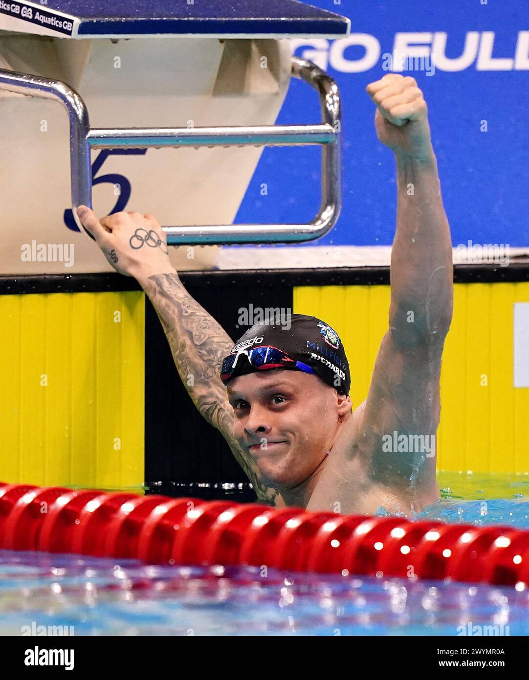 Matthew Richards dopo la finale maschile di Parigi Freestyle 200m il sesto giorno dei Campionati britannici di nuoto 2024 al London Aquatics Centre di Londra. Data foto: Sabato 6 aprile 2024. Foto Stock