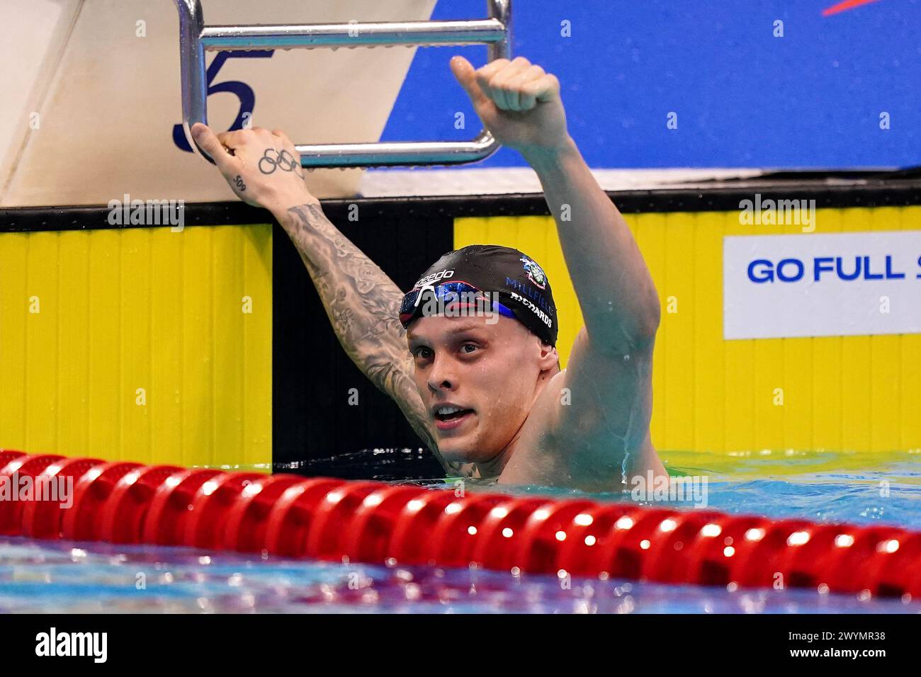 Matthew Richards dopo la finale maschile di Parigi Freestyle 200m il sesto giorno dei Campionati britannici di nuoto 2024 al London Aquatics Centre di Londra. Data foto: Sabato 6 aprile 2024. Foto Stock