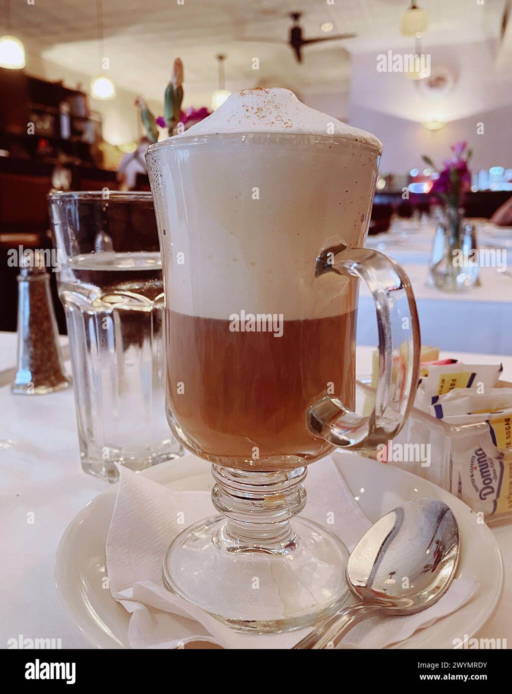 Interno del Bistro Les Amis Restaurant a SoHo, New York, USA, 2024, tazza di cappuccino in vetro Foto Stock