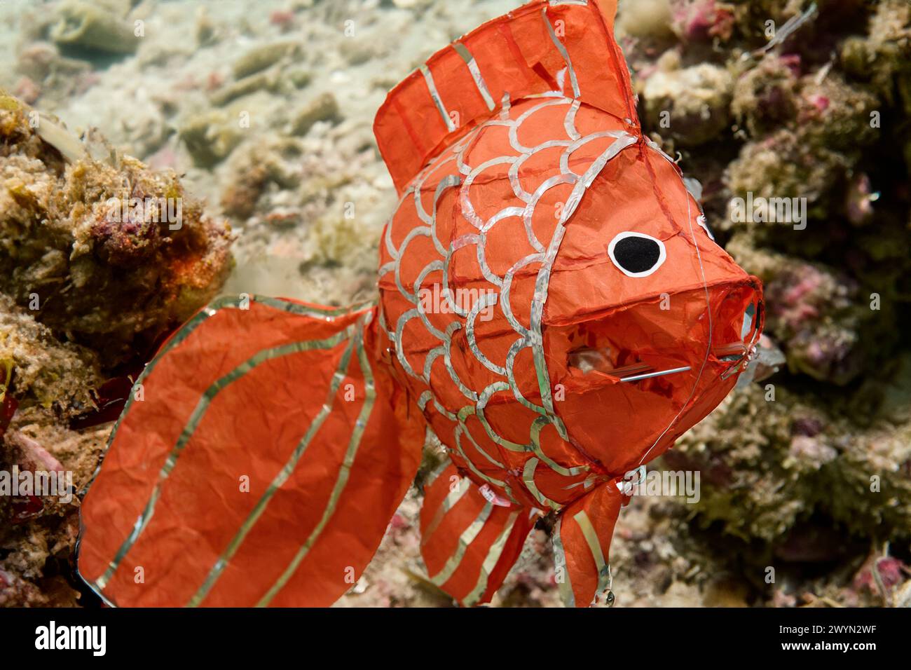 Il modello di carta arancione pesca in un'impostazione della barriera corallina Foto Stock