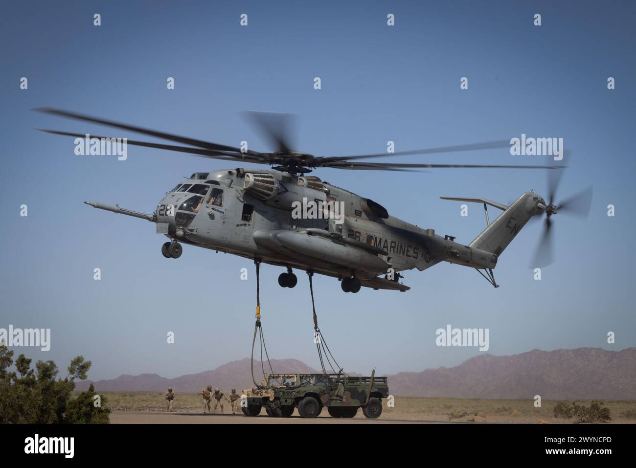 Un elicottero CH-53E Super Stallion del corpo dei Marines degli Stati Uniti, assegnato al Marine Aviation Weapons and Tactics Squadron One, si prepara a eseguire un sollevamento esterno di due veicoli a motore multiuso ad alta mobilità durante il corso Weapons and Tactics Instructor 2-24, presso l'Auxiliary Airfield Two, vicino a Yuma, Arizona, 29 marzo 2024. WTI è un corso avanzato di livello laureato che fornisce un addestramento tattico avanzato per migliorare e utilizzare armi e tattiche di aviazione avanzate. (Foto del corpo dei Marines degli Stati Uniti di Gabriela Garcia-Gregorio) Foto Stock