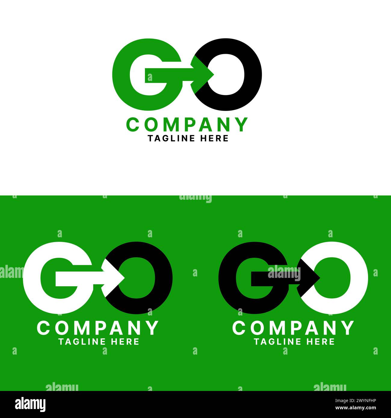 Design del modello vettoriale del logo Letter GO con il simbolo della freccia, l'alfabeto G e il logo O. Illustrazione Vettoriale