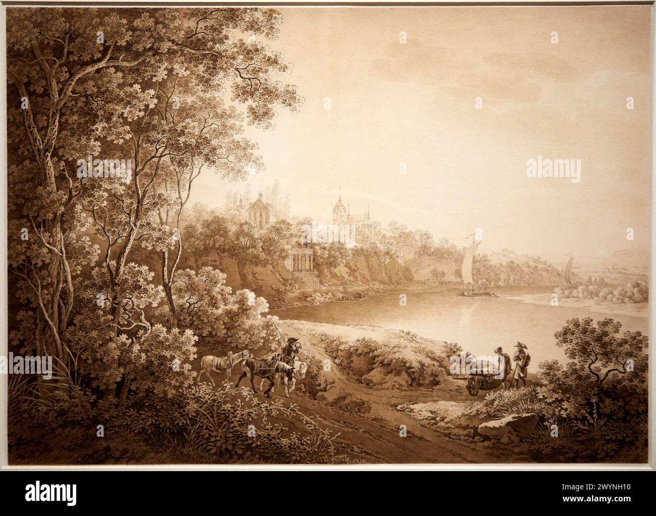 "Paysage fluvial", Adrian Zingg, 1734-1816, l'Allemagne Romantictique Exhibition, Dessins des musées de Weimar, Petit Palais Musée des Beaux Arts de la Ville de Paris, Francia, Europa. Foto Stock
