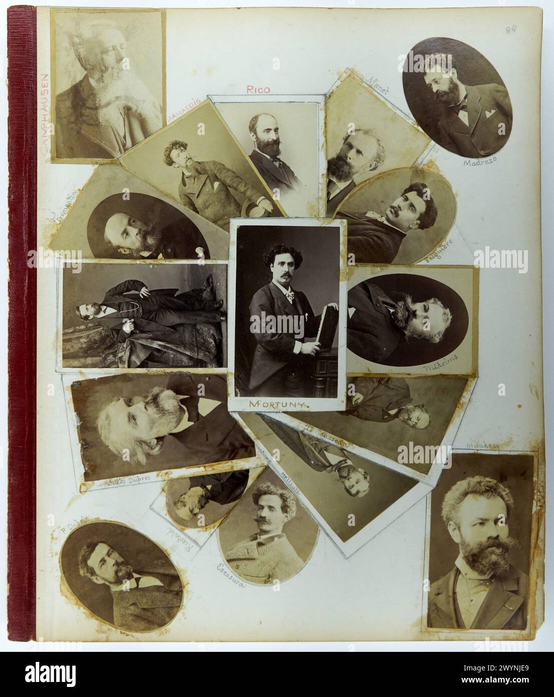 N. pagina 84 dall'album Stewart con cartes de visite di Wilhelm Camphausen, Paul Dubois, Jules Dupré, Jean-Alexandre-Joseph Falguière, Mariano Fortuny, Eugène Fromentin, Ferdinand Heilbuth, Ludwig Knaus, Ignacio León y Escosura, Raimundo de Madrazo, Édouard Manet, Mihály Munkácsy, Martin Rico, Théodore Rousseau e Eduardo Zamacois, tra gli altri, Boldini e la pittura spagnola della fine del XIX secolo, sala esposizioni, Madrid, Spagna, Europa. Foto Stock