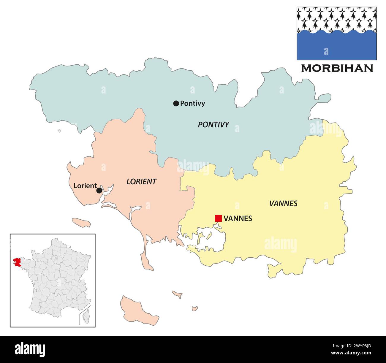 Mappa amministrativa del dipartimento bretone di Morbihan, Francia Foto Stock