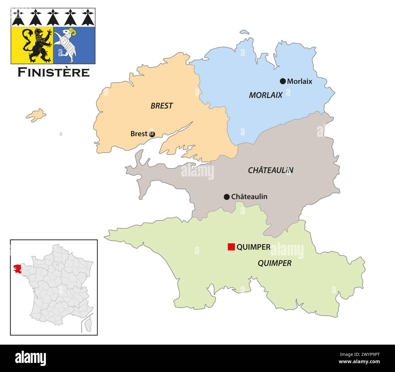 Mappa amministrativa del dipartimento bretone del Finistère, Francia Foto Stock