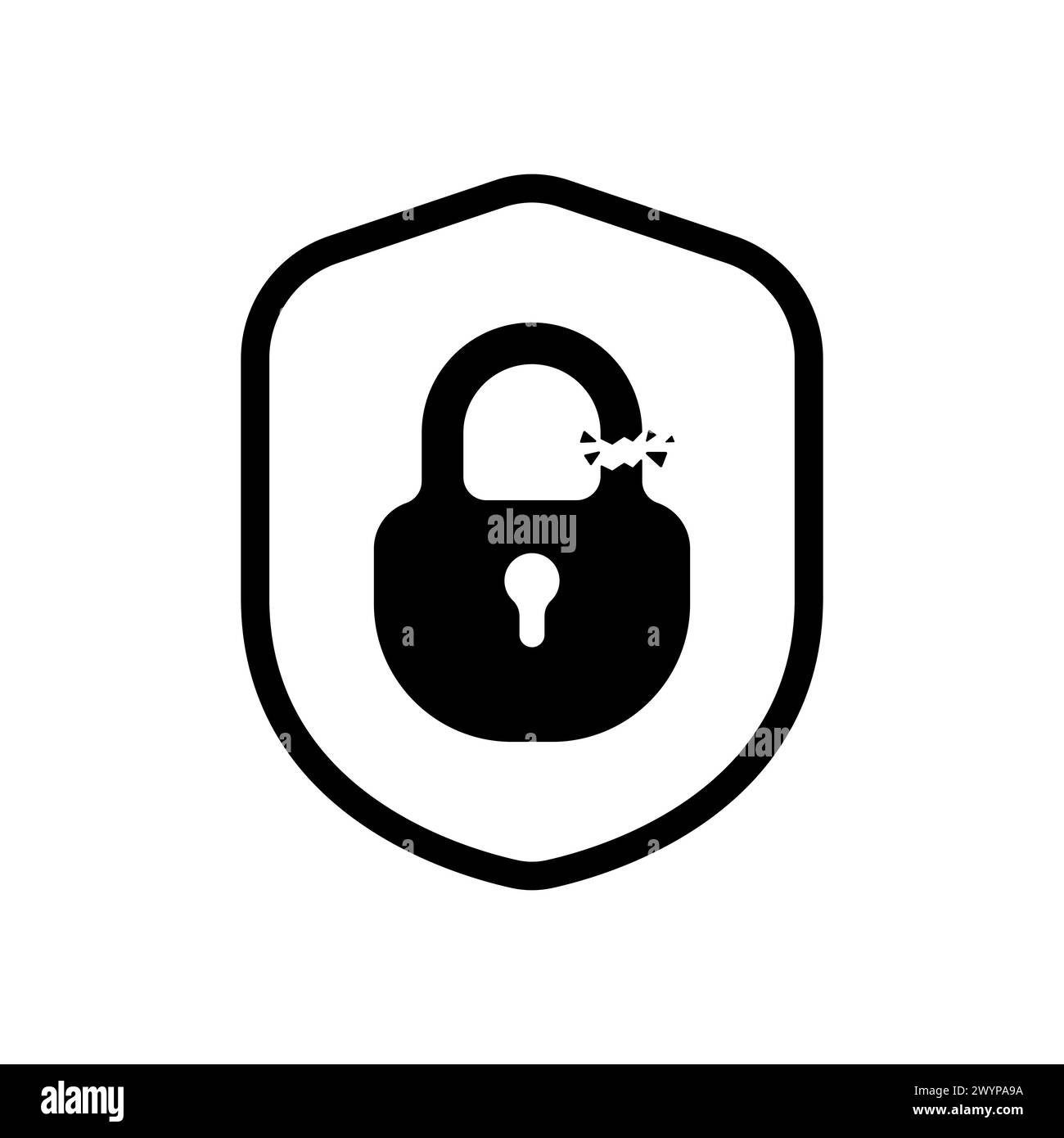 Icona del concetto di protezione debole. Logo del lucchetto rotto. Semplice icona di insicurezza. Illustrazione vettoriale. Illustrazione Vettoriale