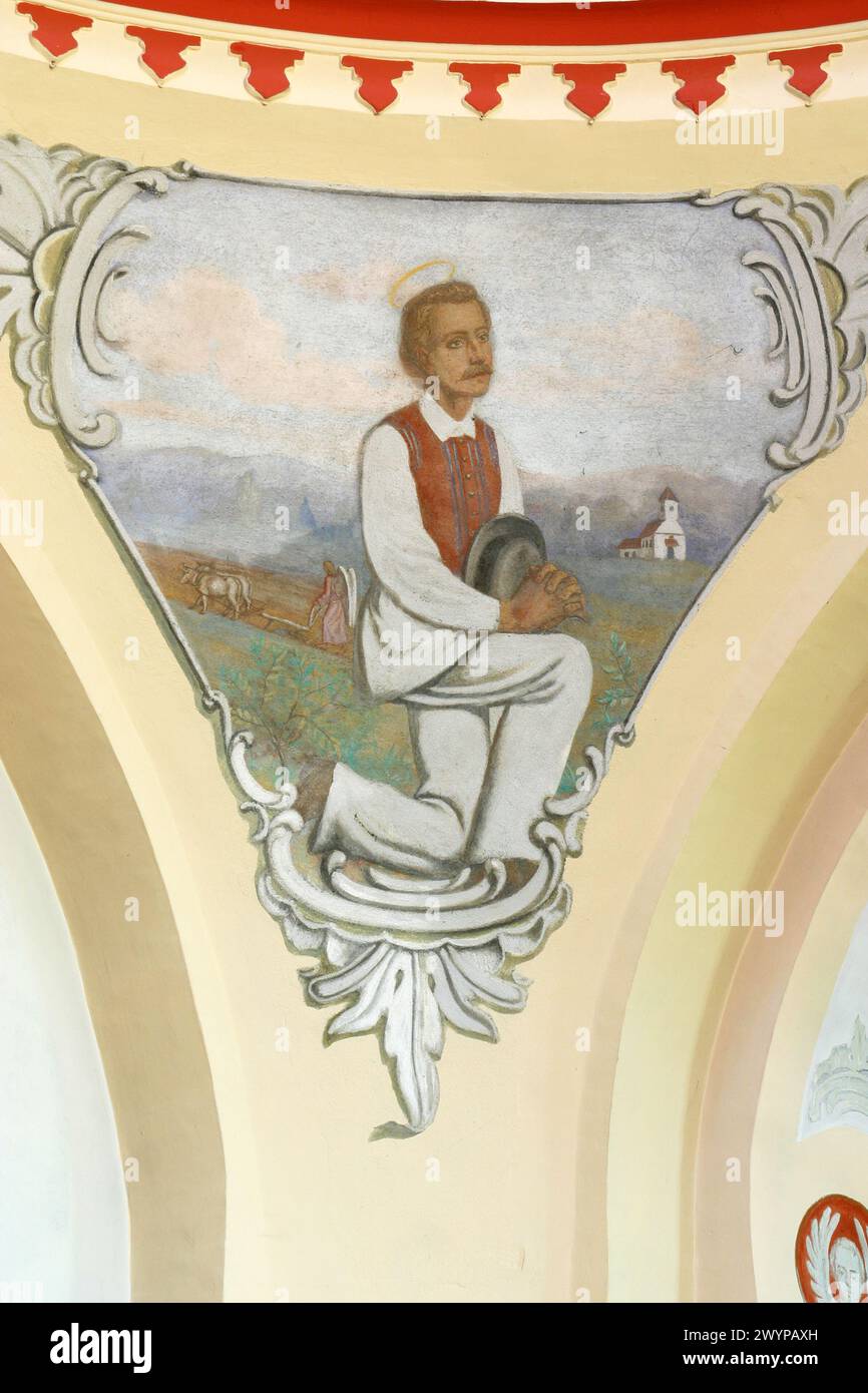 San Isidoro il laboratorio, affresco sul soffitto della chiesa di Santa Barbara nella Bedekovcina, Croazia Foto Stock