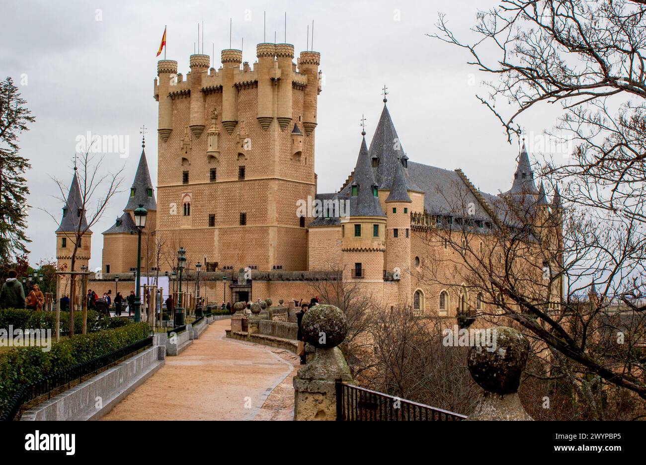 Facciata principale del Alcázar di Segovia Foto Stock