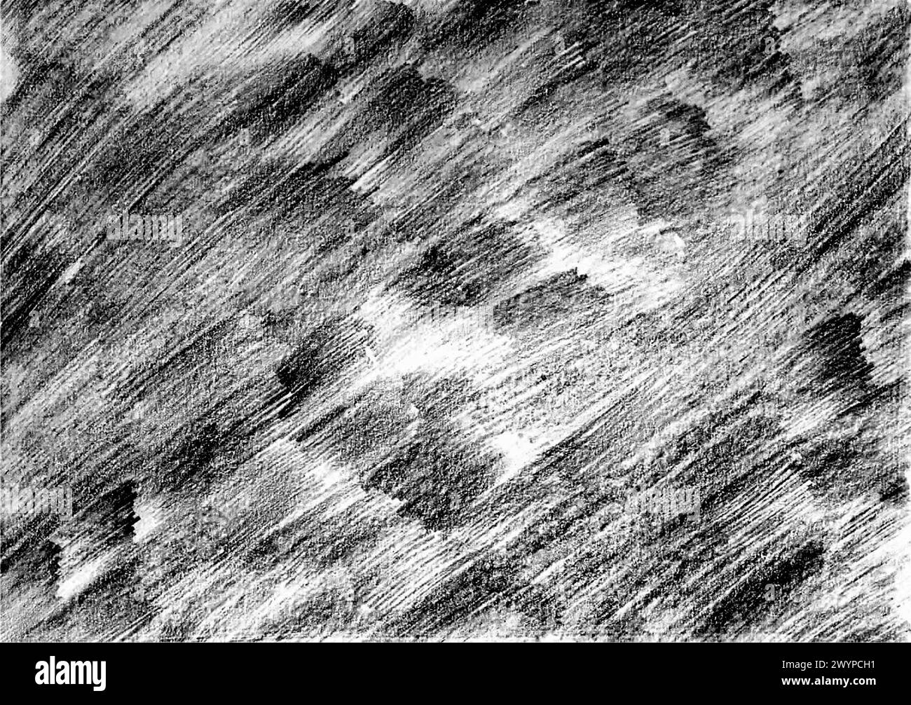 Sfondo astratto pieno di tratti di matite. Nero e diverse tonalità di grigio. Gradiente. Tratti diagonali. Sfondo bianco. Foto Stock