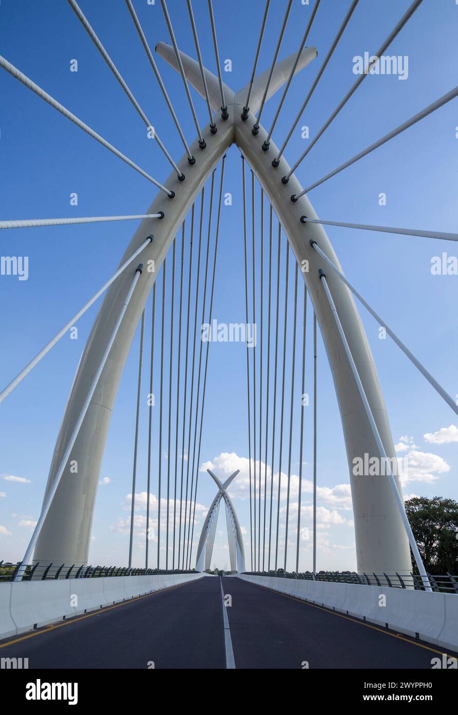 Il ponte sul fiume Okavango, noto anche come il ponte Mohembo vicino a Shakawe, Botswana, è stato progettato per sembrare un paio di zanne di elefante. Finito il 2022 Foto Stock