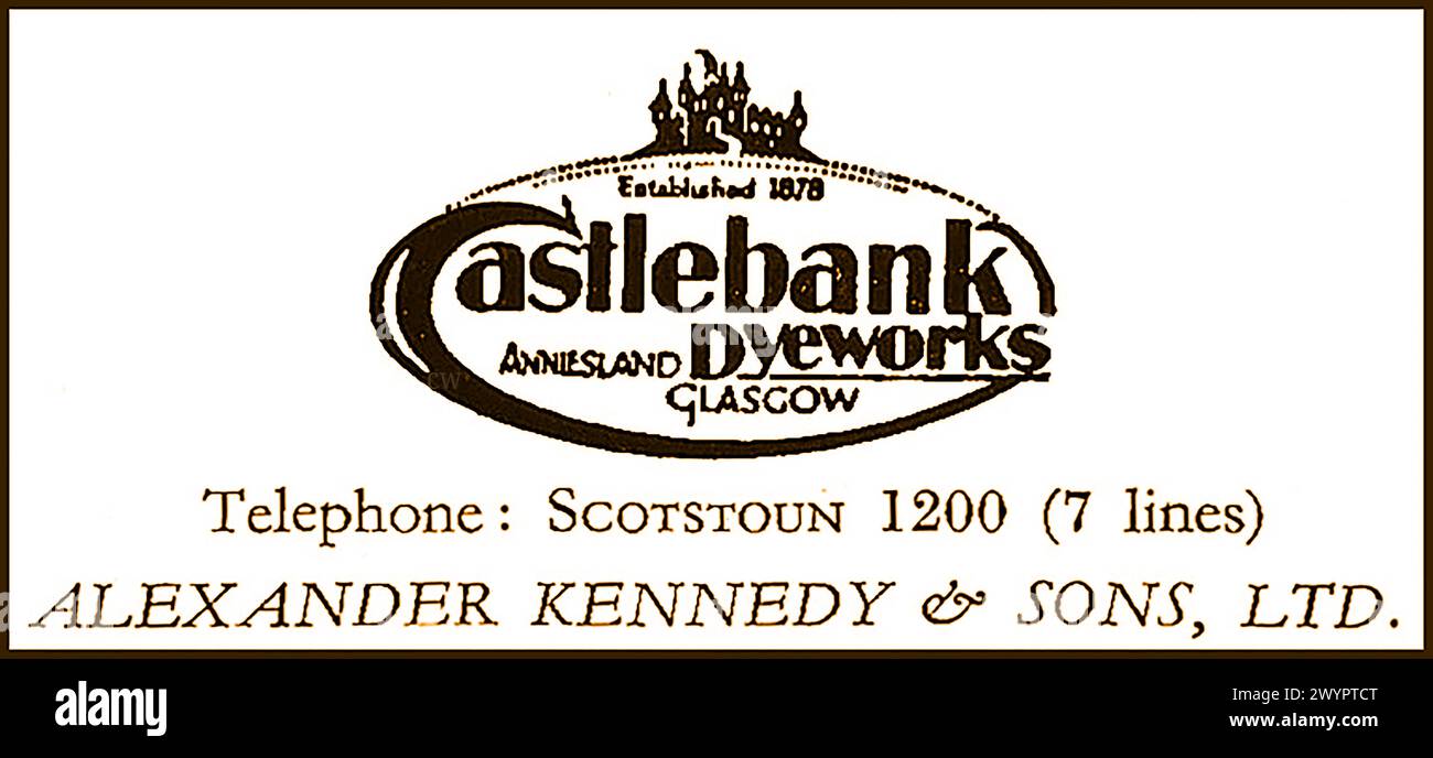 Un vecchio logo e pubblicità per Castlebank Dyeworks, Glasgow, Scozia, Castlebank Dyeworks, una delle più antiche e grandi lavanderie di Glasgow, fondata da Alexander Kennedy nel 1878. Foto Stock