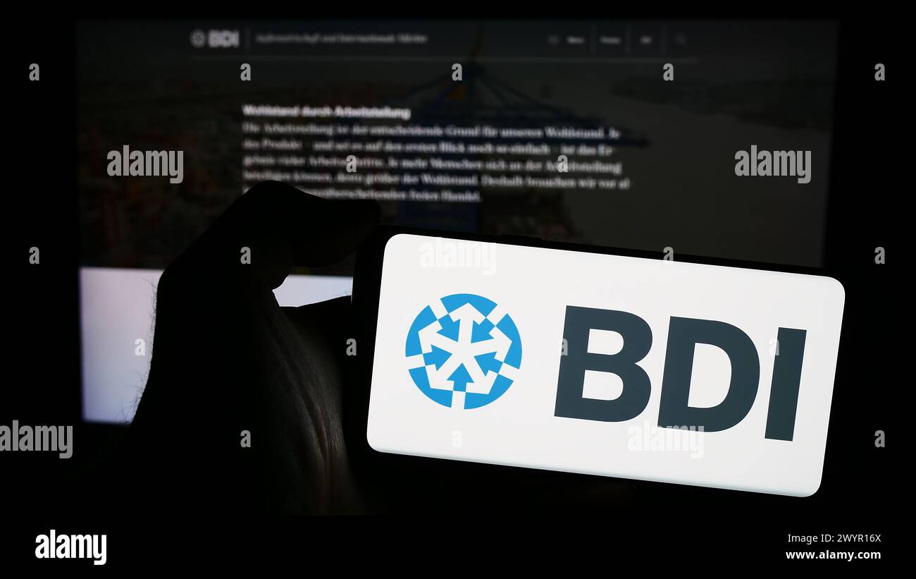 Persona che possiede un telefono cellulare con il logo della Bundesverband der Deutschen industrie e.V. (BDI) davanti alla pagina web. Mettere a fuoco il display del telefono. Foto Stock