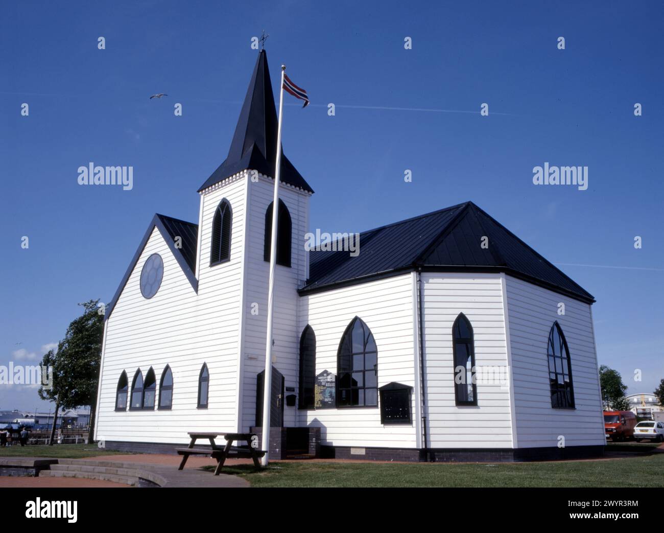 La chiesa norvegese nella baia di Cardiff, la più antica chiesa della missione dei marinai norvegesi sopravvissuta in Gran Bretagna, dove Roald Dahl fu battezzato. Foto Stock