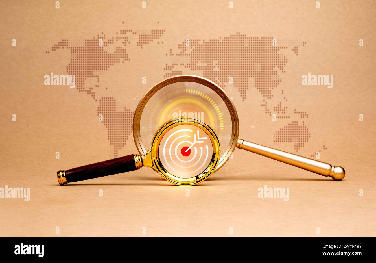 Le tendenze globali mirano a informazioni approfondite, ricerca con la tecnologia di connessione Internet, successo aziendale in tutto il mondo concetto di marketing online. Icona di destinazione in magn Foto Stock