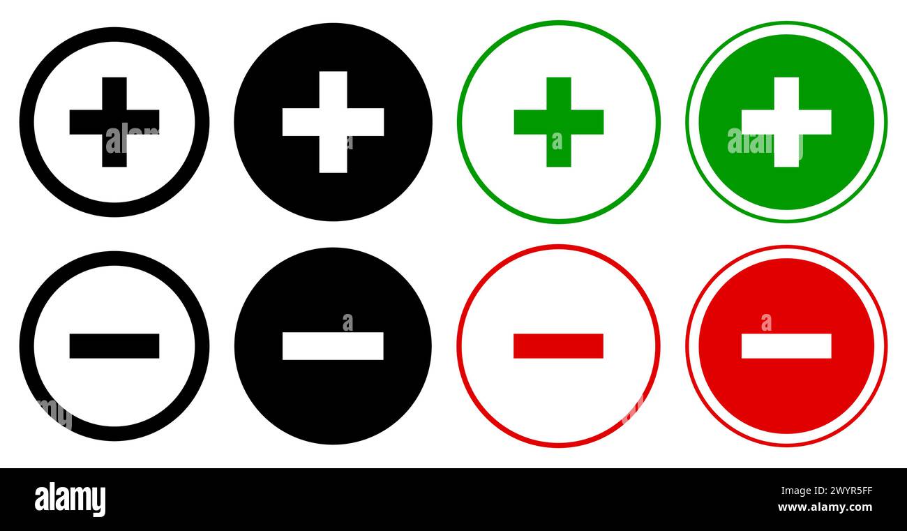 Set di icone rotonde con segno più e segno meno. Vettore dei simboli positivo e negativo. Illustrazione Vettoriale