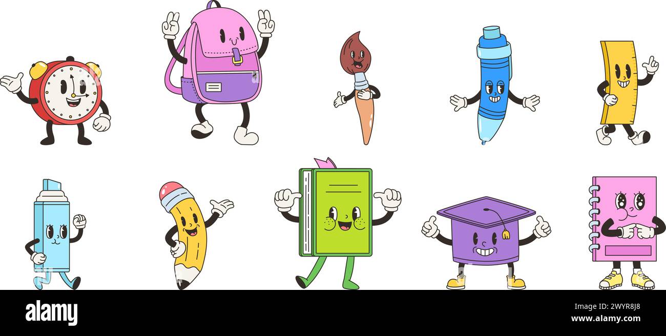 Personaggi della scuola retrò. Appunti, penna e libro divertenti ed emozionanti. Borsa scolastica, pennarello e spazzola. Cartoleria positiva clipart vettoriale aderente Illustrazione Vettoriale