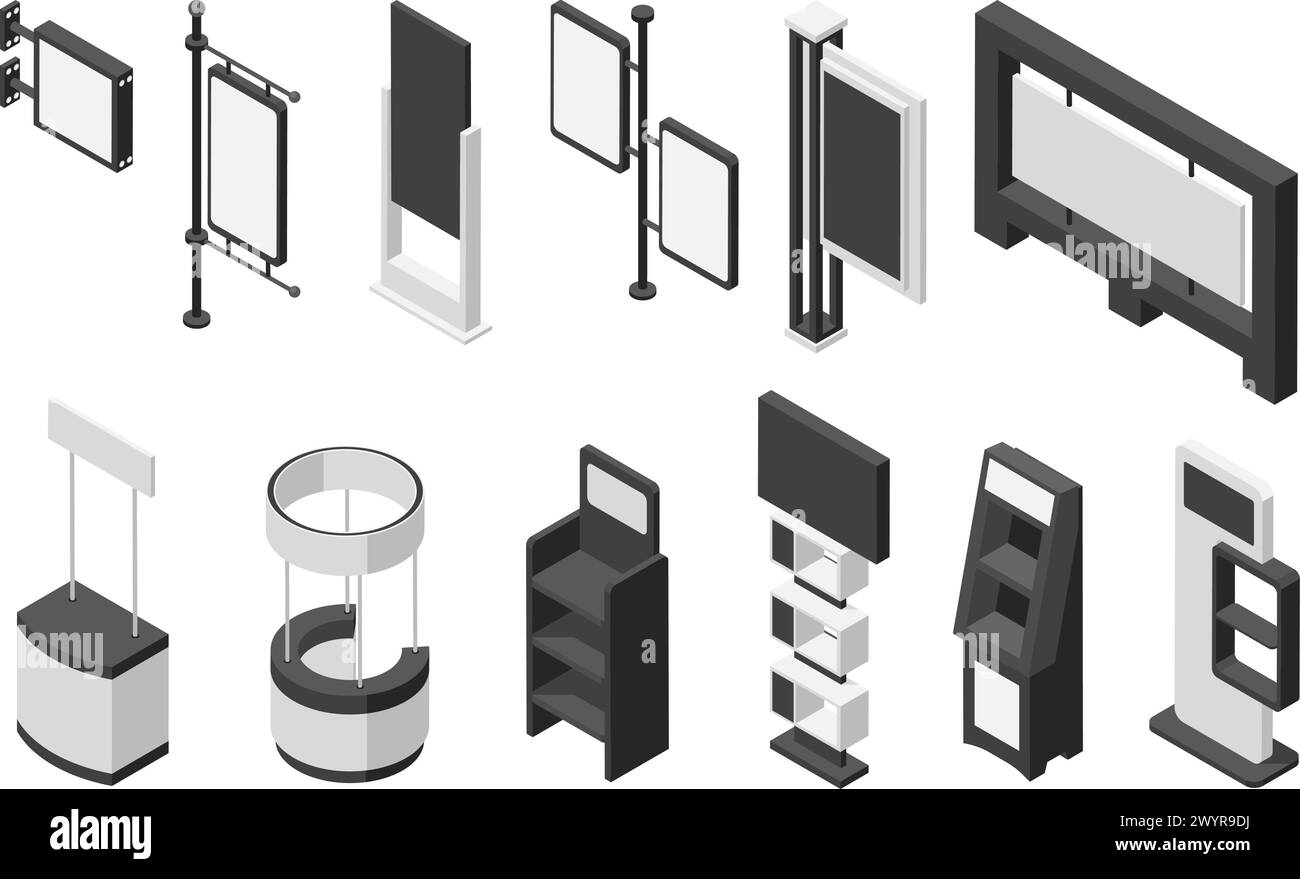 Stand pubblicitari isometrici. Schermi e bancarelle dimostrative promozionali. Elementi pubblicitari per esterni e interni, attrezzature da esposizione, set vettoriale impeccabile Illustrazione Vettoriale