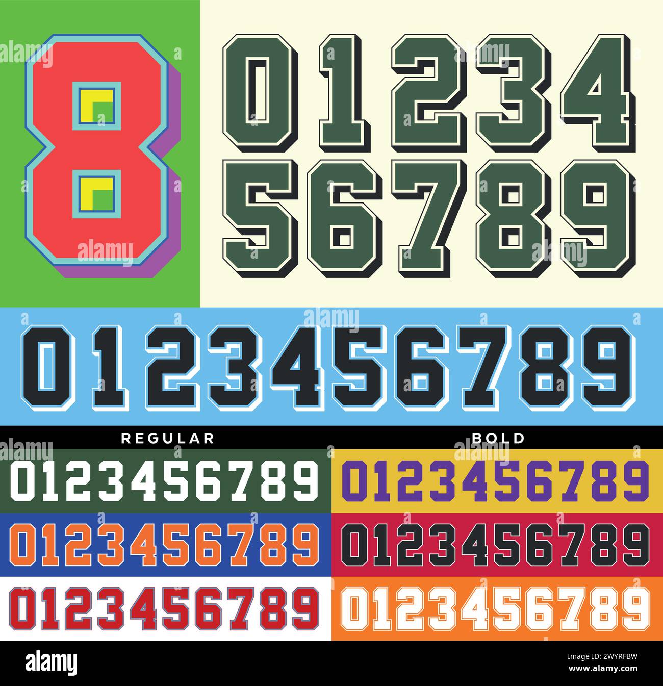 Illustrazione vettoriale dei numeri delle maglie sportive vintage, completamente modificabile Illustrazione Vettoriale